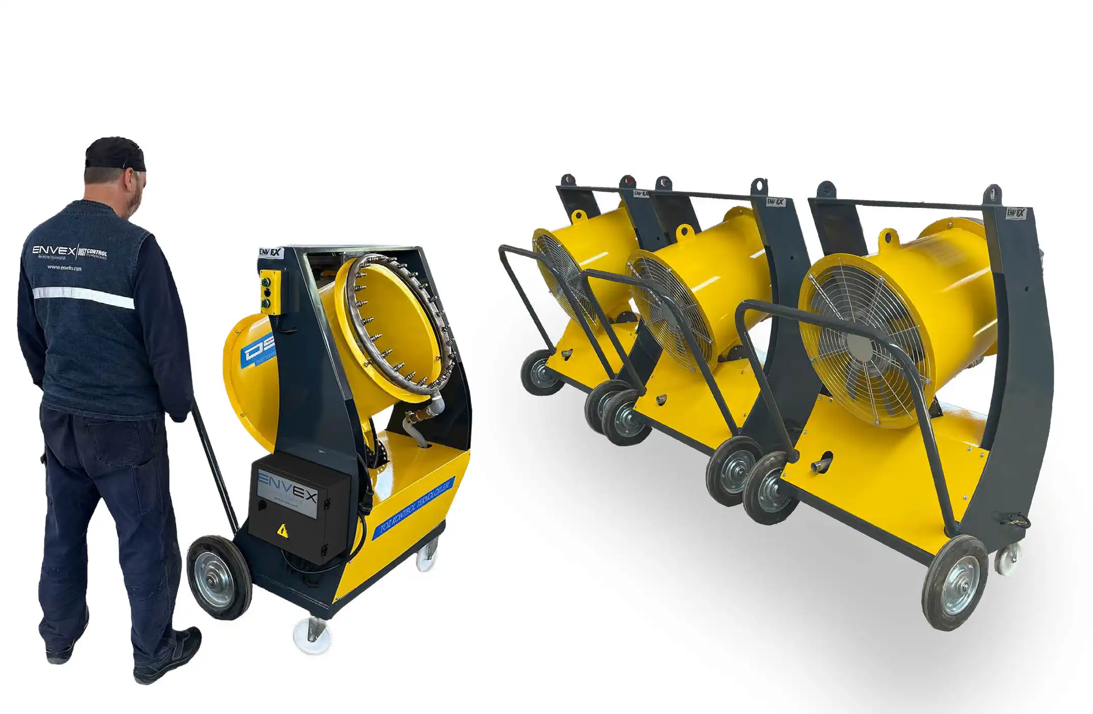 DSC Minor A small, yellow, wheeled dust control unit.